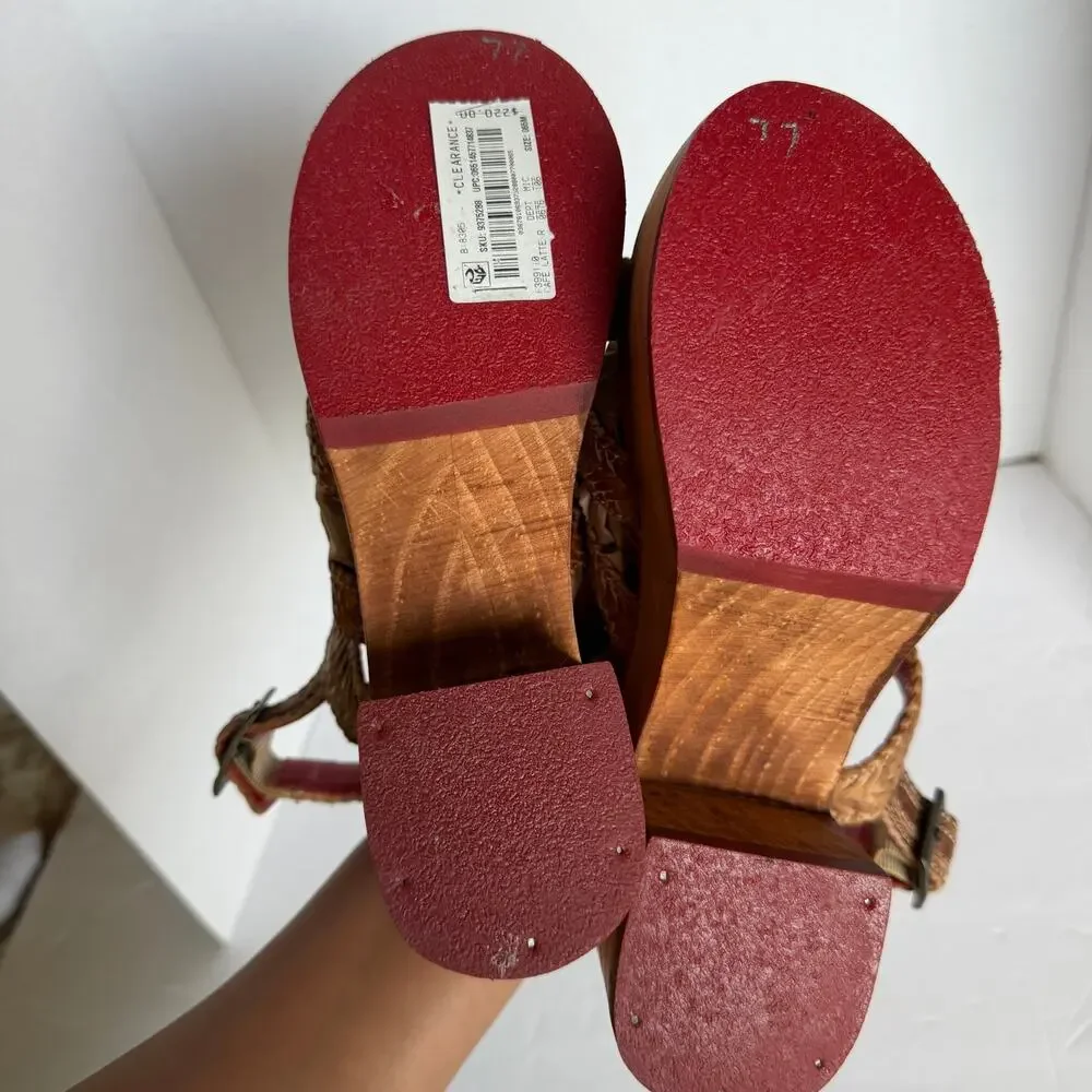 Bed Stu Voicing Braided Leather Platform Sandals Wood Block Heel Tan Clog Sz 6.5